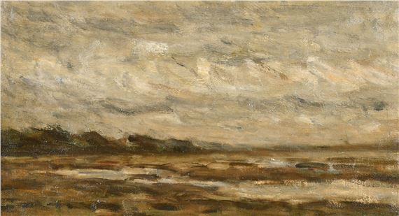 A moody landscape painting featuring a vast, cloudy sky over a flat, marshy terrain.