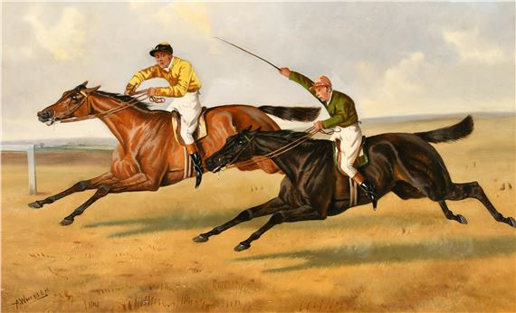 A dynamic oil painting of two jockeys racing side-by-side on a dusty track.