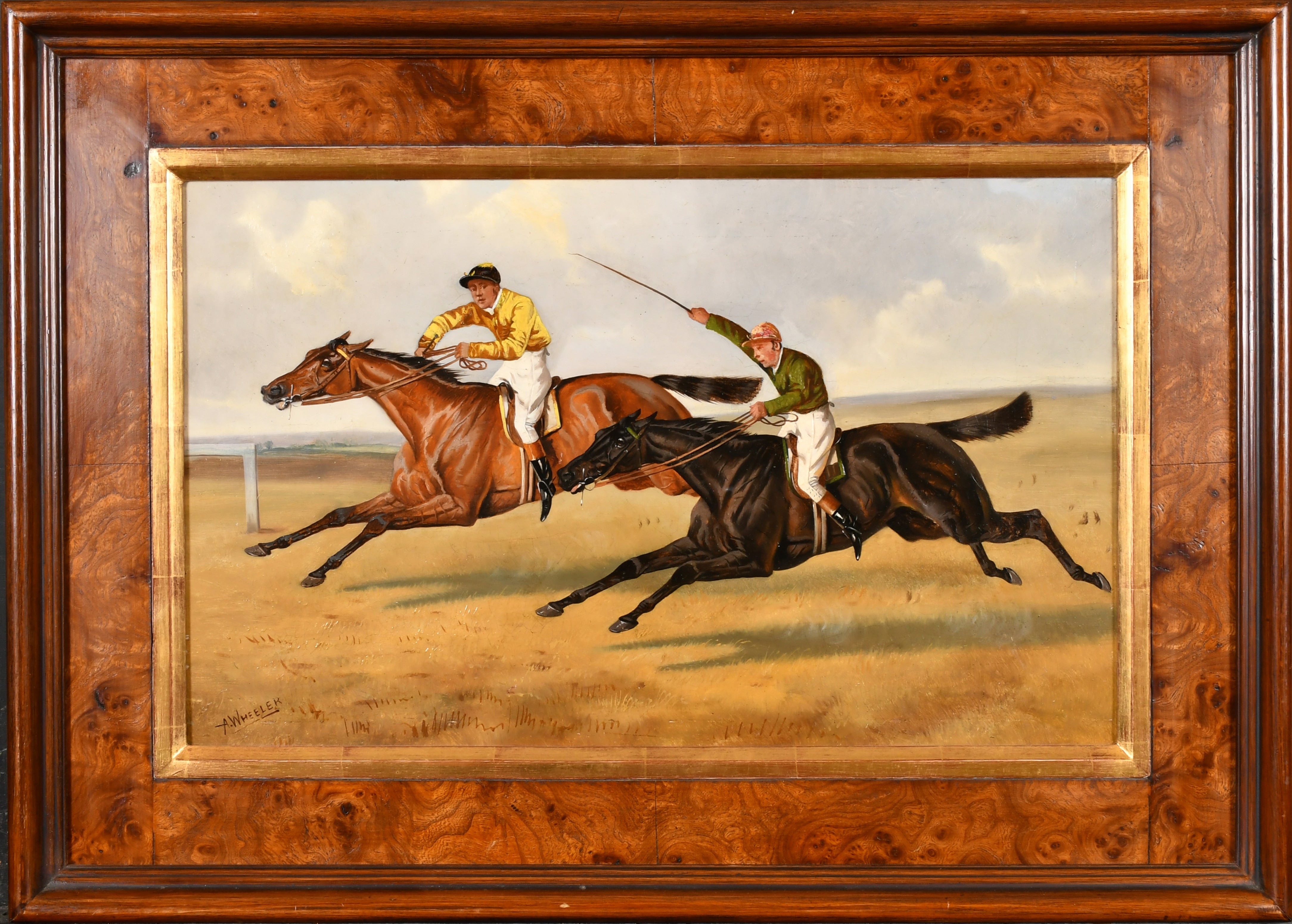 A dynamic oil painting of two jockeys racing side-by-side on a dusty track.