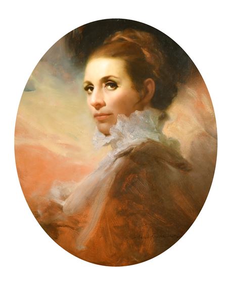 A soft-focus portrait of a woman in an oval frame, rendered in warm earth tones with a dreamy, atmospheric quality.