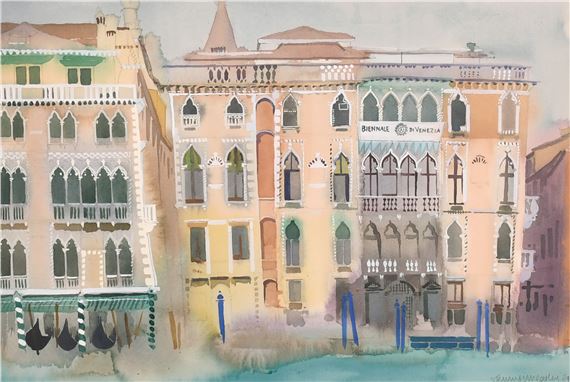 A watercolor view of colorful Venetian buildings along a canal.