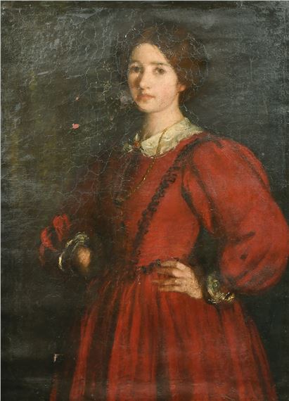 A portrait of a woman in a red dress against a dark background.