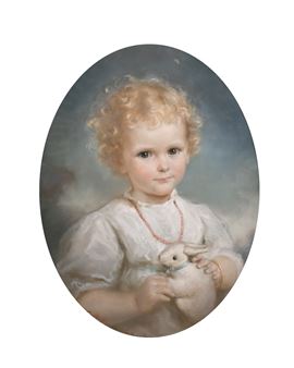 A soft, romantic portrait of a young child holding a small rabbit.