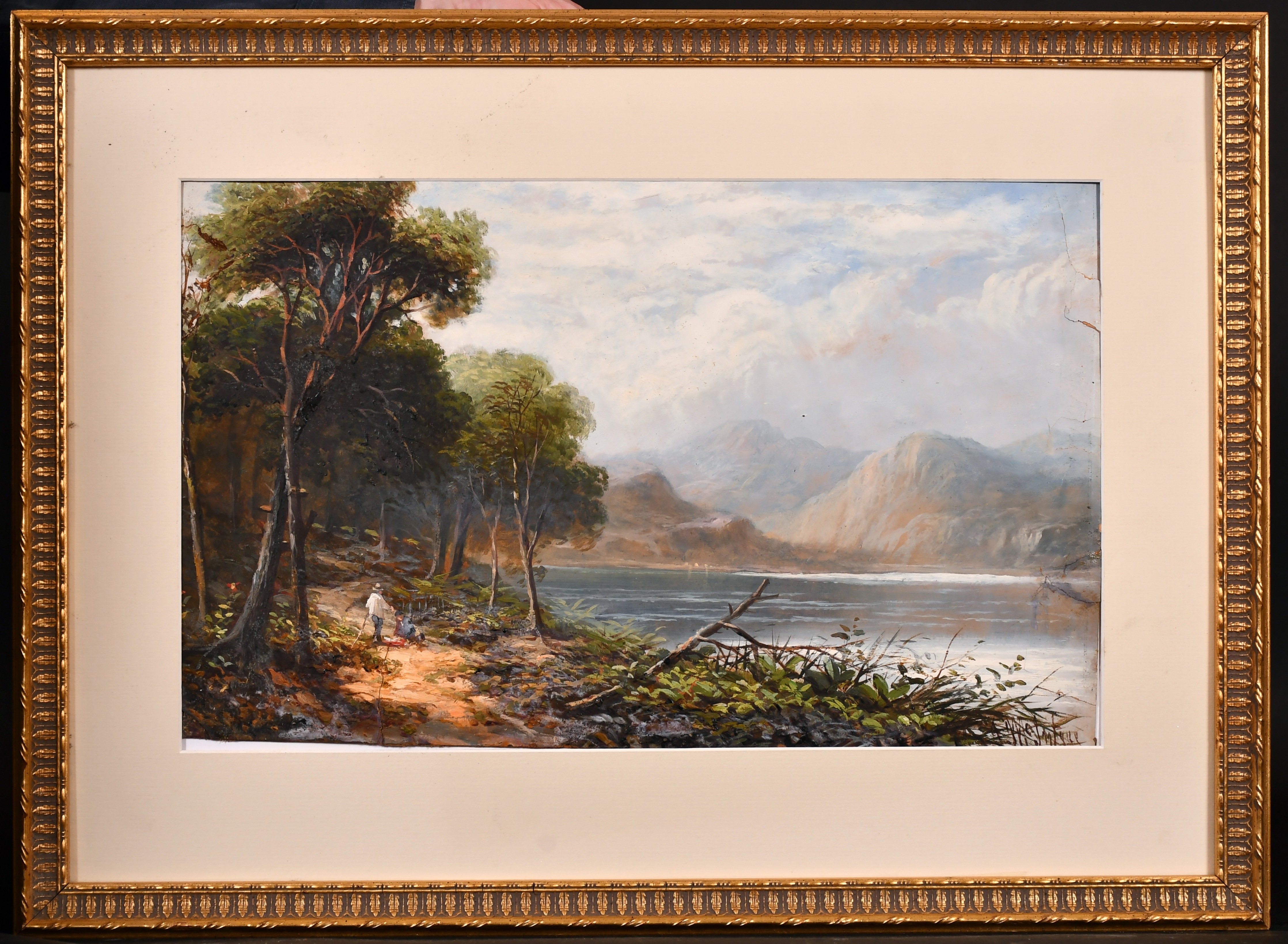 A serene landscape painting featuring a figure by a riverbank with distant mountains and soft lighting.