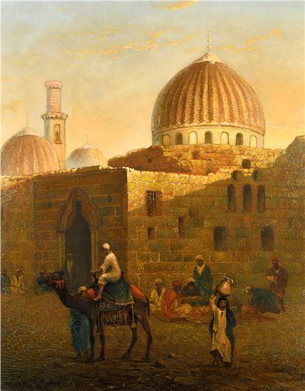 A historical scene depicting a bustling marketplace in front of grand domed architecture.