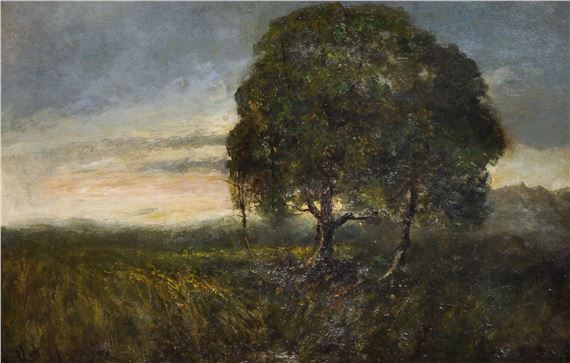 A moody landscape painting featuring a solitary tree against a dramatic sky.