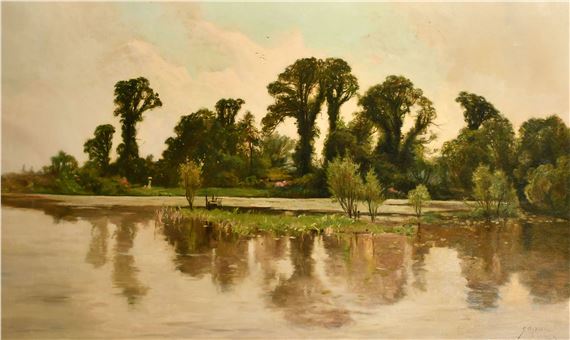 A serene landscape painting of a riverbank with trees and their reflections in the water.