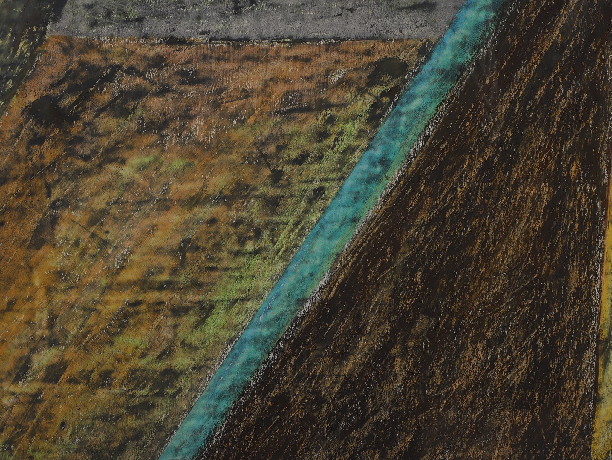 An abstract geometric composition featuring layered planes in earthy tones and a striking teal accent.