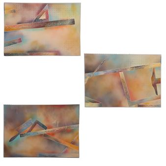 A triptych of abstract geometric compositions featuring layered wooden forms against a soft, atmospheric background.