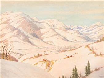 A serene winter landscape painting featuring snow-covered mountains and a distant town.