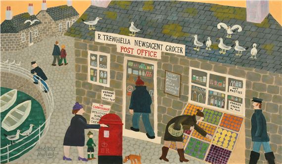 A vibrant street scene featuring a post office and fruit stand with figures in colorful attire.