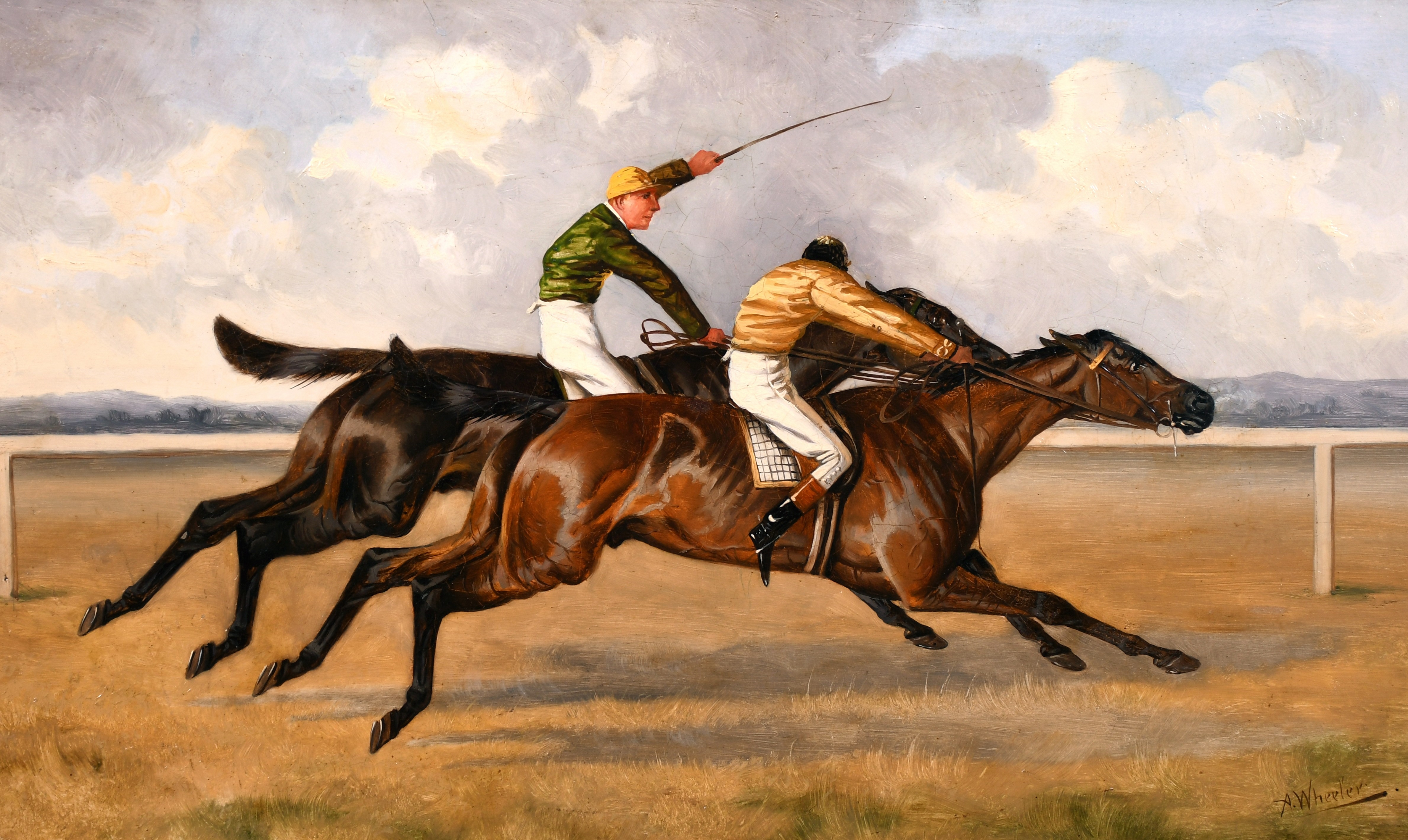A dynamic oil painting of a horse race featuring two jockeys competing on a dirt track.