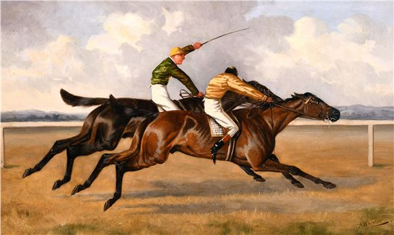 A dynamic oil painting of a horse race featuring two jockeys competing on a dirt track.