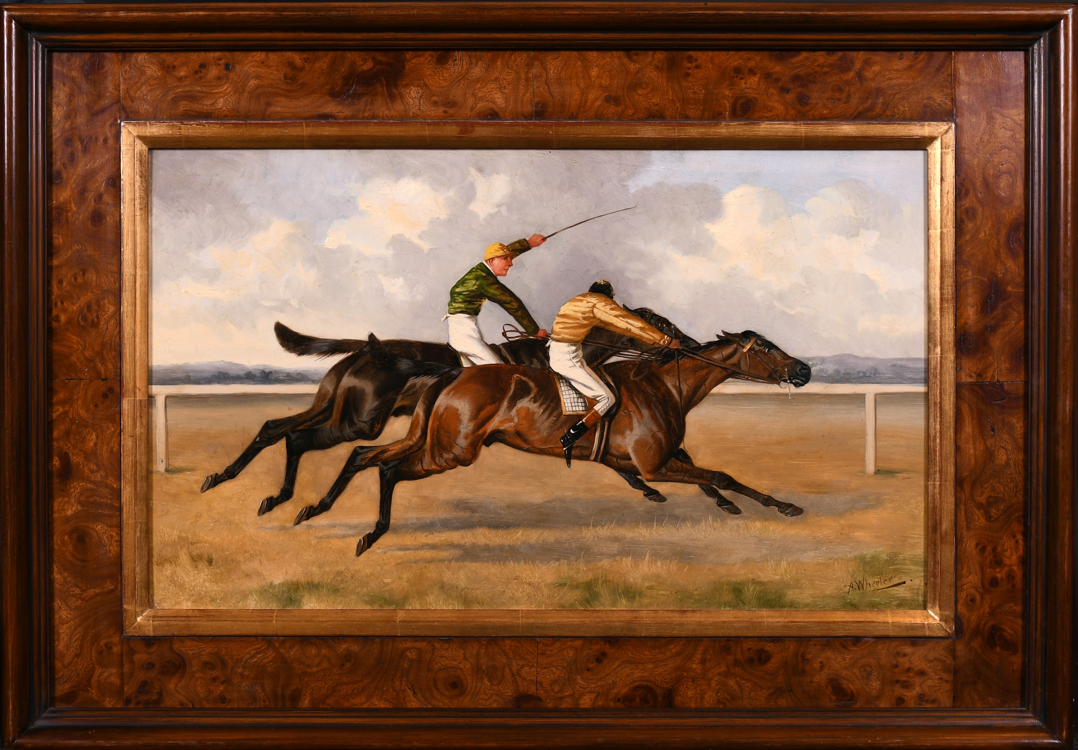 A dynamic oil painting of a horse race featuring two jockeys competing on a dirt track.