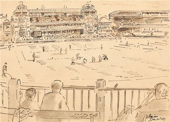A sketch of a cricket match viewed from the stands, capturing the game and spectators in sepia tones.