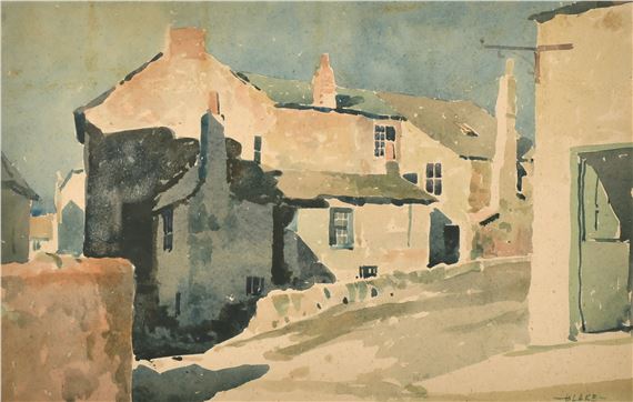 A watercolor study of a quiet village street with weathered stone buildings and soft shadows.