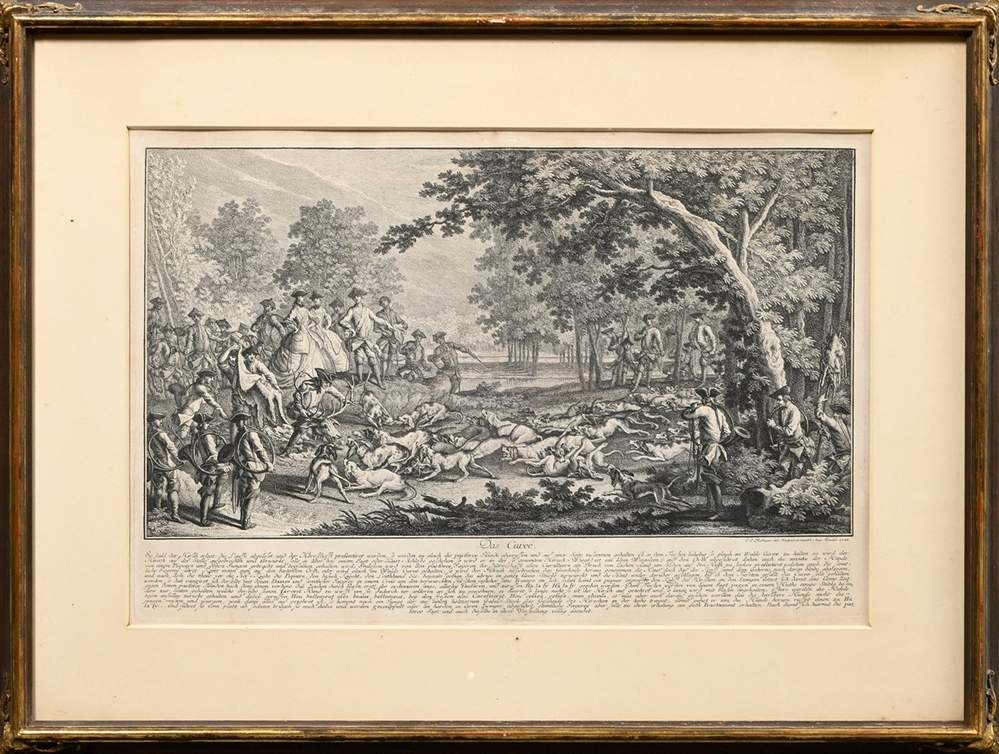A set of four framed black-and-white etchings depicting forest scenes with figures.