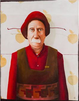 A surreal portrait of a figure with a red beret, white mask-like mouthpiece, and geometric-patterned apron against an apple-themed background.