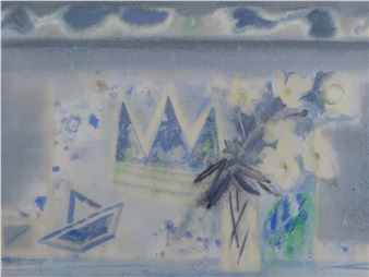 A soft pastel still life featuring a vase of white flowers and abstract geometric shapes against a muted blue background.