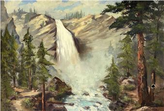 A landscape painting of a powerful waterfall cascading down rocky cliffs into a forested valley.