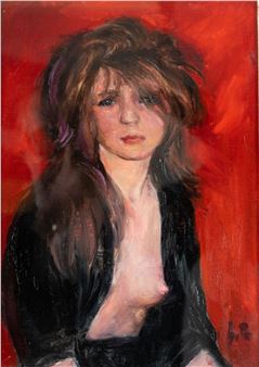 A portrait of a figure with dark hair against a vibrant red background.
