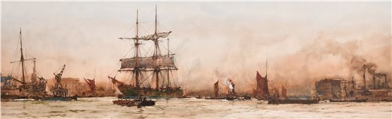 A panoramic maritime scene depicting a bustling harbor filled with various sailing vessels and industrial structures under an atmospheric, hazy sky.