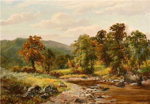 A serene landscape painting featuring a winding stream, autumnal trees, and distant hills under a cloudy sky.