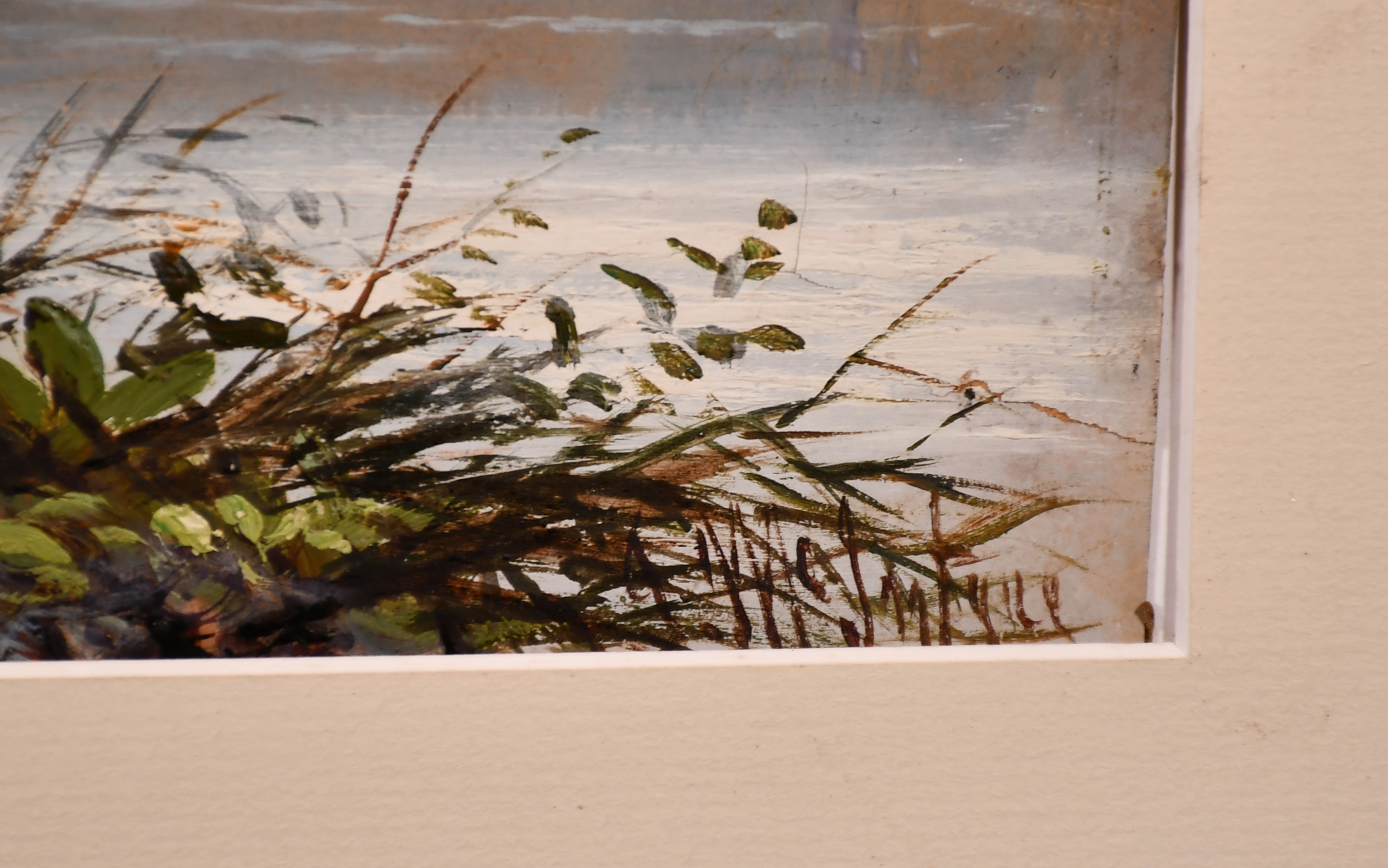 A serene landscape painting featuring a figure by a riverbank with distant mountains and soft lighting.
