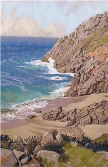 A coastal landscape painting featuring a rugged cliff, sandy beach, and ocean waves under a bright sky.
