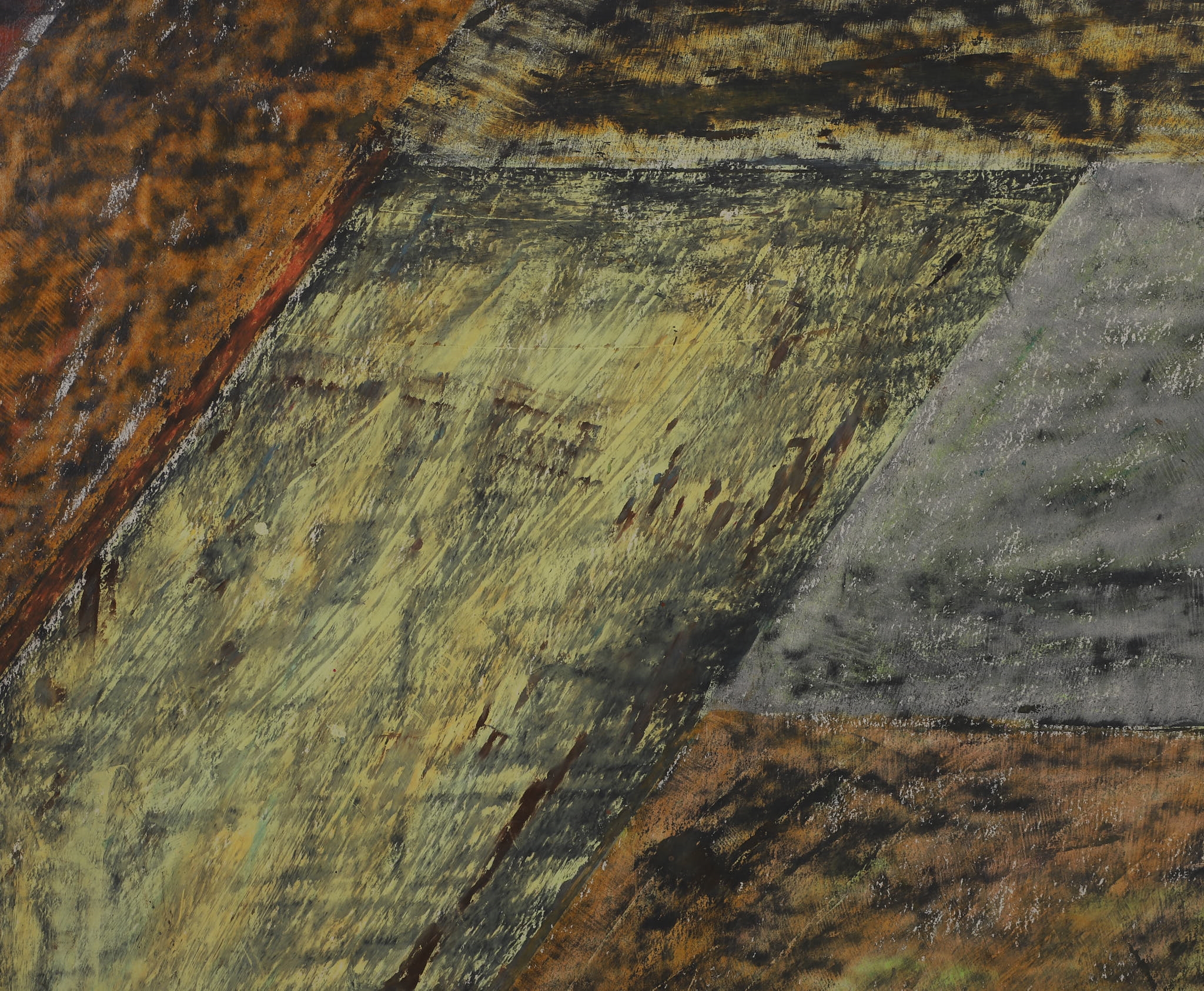 An abstract geometric composition featuring layered planes in earthy tones and a striking teal accent.