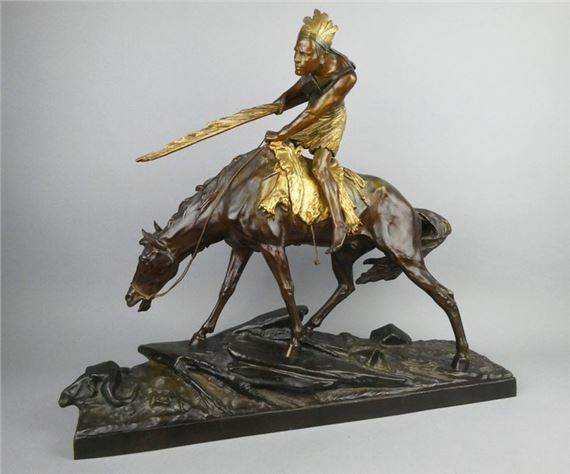 A dynamic bronze sculpture of a warrior on horseback wielding a sword.