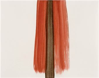 A minimalist composition featuring a central wooden element flanked by two vertical red brushstrokes.