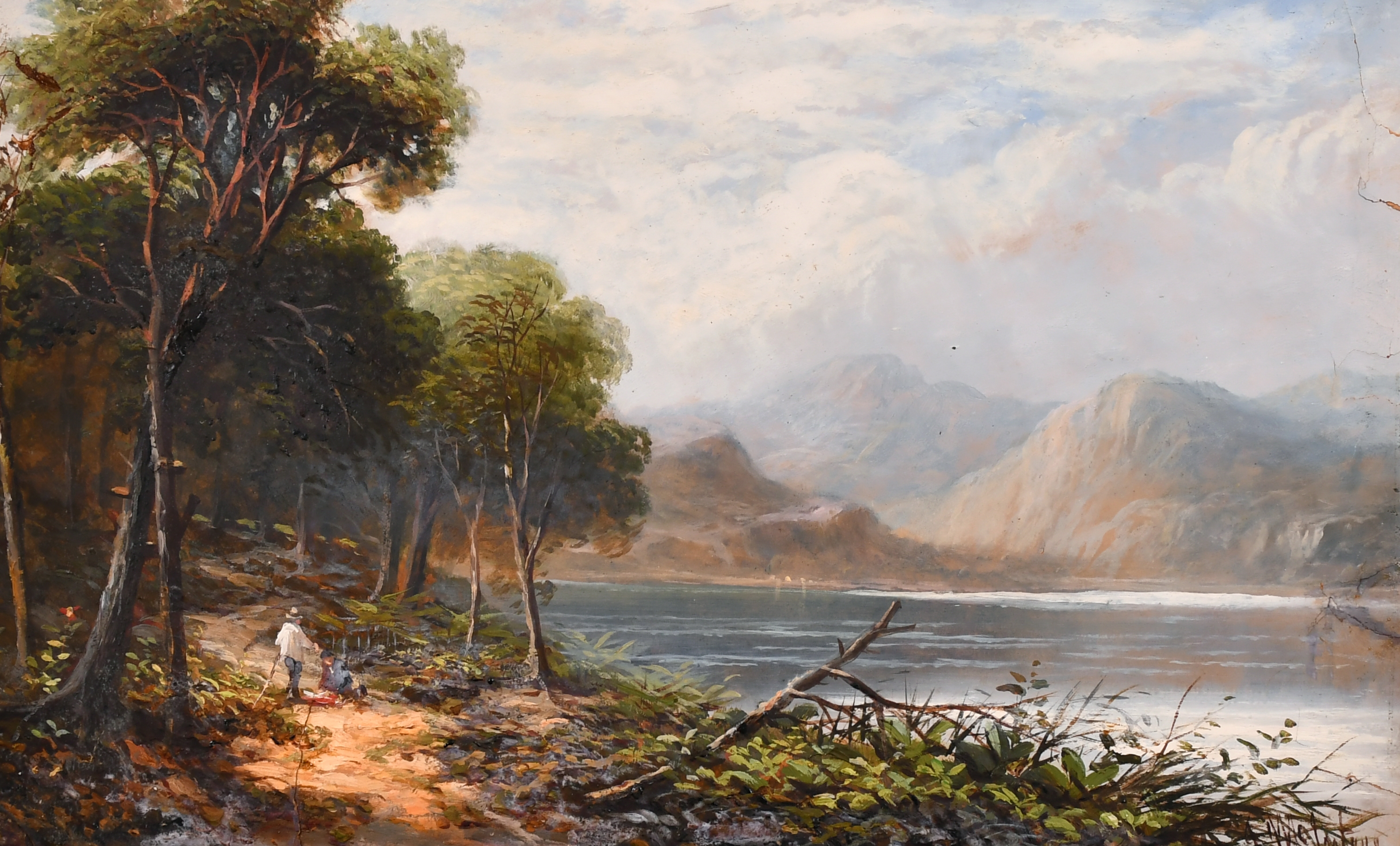 A serene landscape painting featuring a figure by a riverbank with distant mountains and soft lighting.