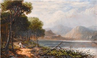 A serene landscape painting featuring a figure by a riverbank with distant mountains and soft lighting.