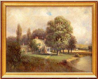 A pastoral oil painting of a riverside cottage nestled among trees.