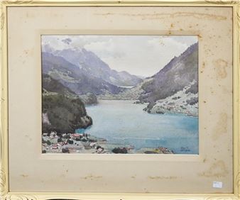 A watercolor landscape of a lake nestled in a mountain valley with a small village on the shore.