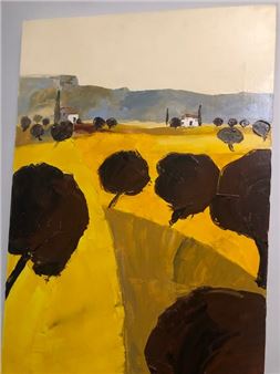 A bold, abstract landscape painting featuring a vibrant yellow field and dark tree silhouettes.