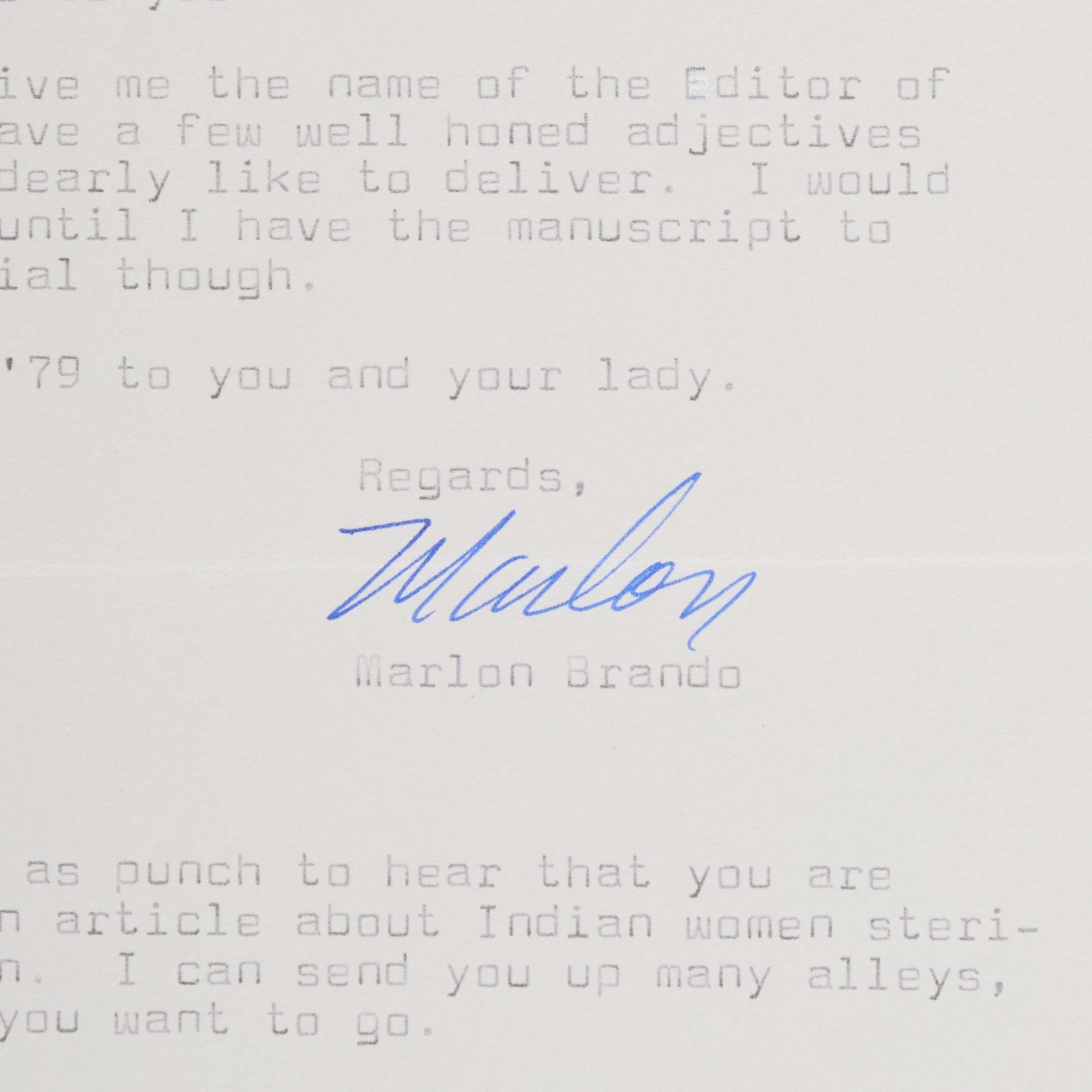 Marlon Brando | Typed Letter Signed to Lawrence Grobel (1979) | MutualArt