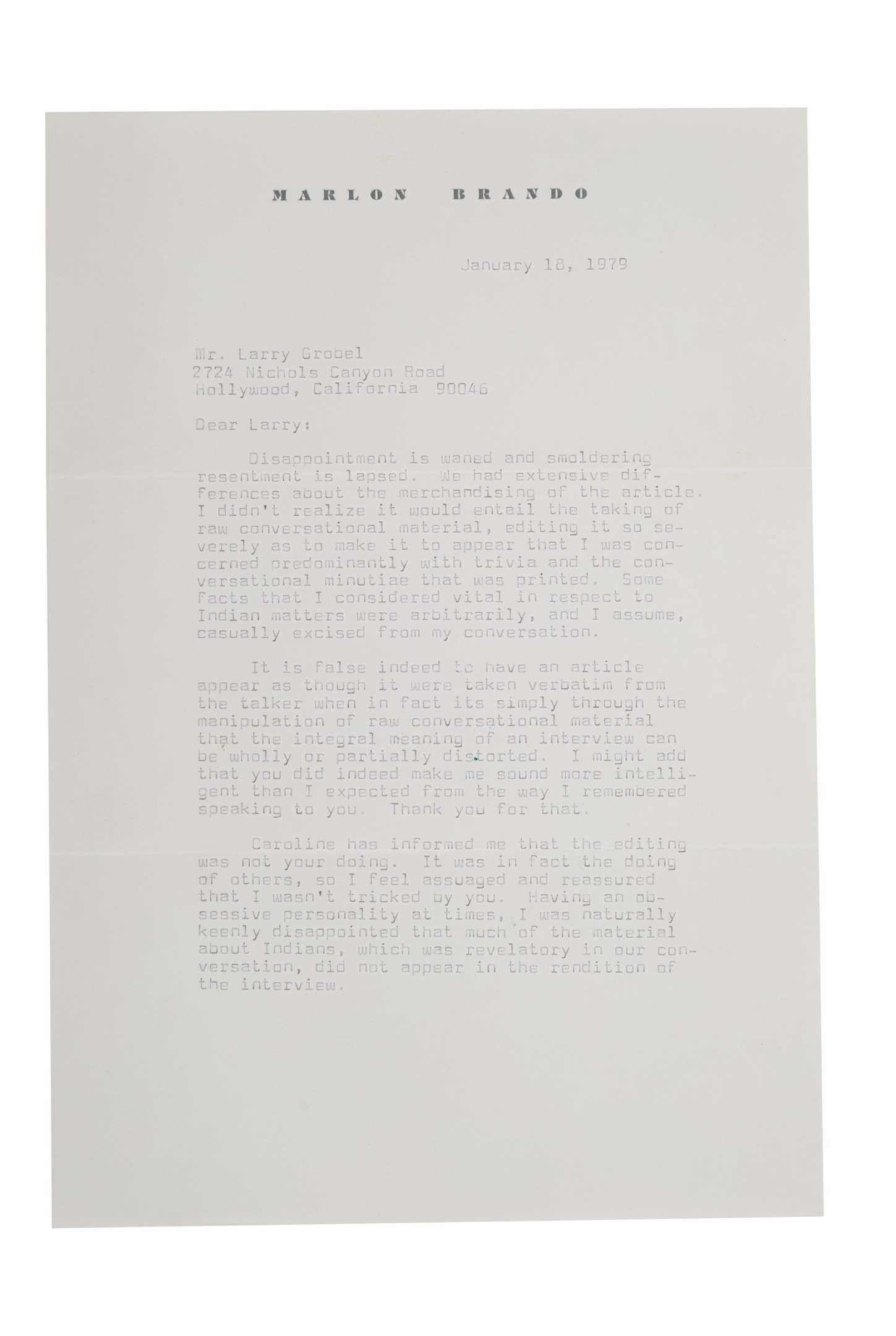 Marlon Brando | Typed Letter Signed to Lawrence Grobel (1979) | MutualArt