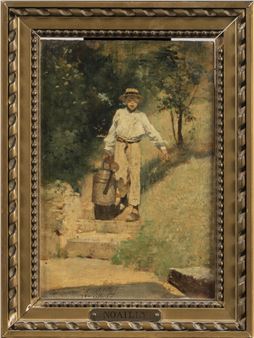 A pastoral oil painting of a young figure carrying a large metal bucket up a sunlit stone path.