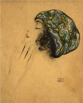 A profile portrait of a figure with closed eyes, wearing a patterned head covering and resting a hand near the face.