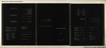 A minimalist black-and-white graphic layout featuring dense text blocks and a central vertical panel.