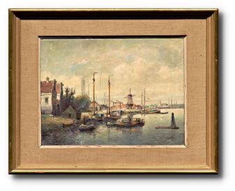 A serene impressionist harbor scene featuring moored boats, a windmill, and distant buildings under a soft sky.