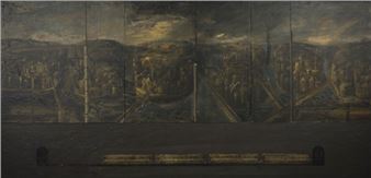 A dark, atmospheric landscape painting depicting a distant city under a stormy sky.