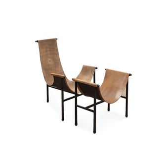 A minimalist product shot of three modern lounge chairs with leather upholstery and metal frames.