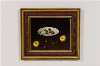 A classical still life painting featuring a plate of strawberries, two apples, and scattered fruit on a dark background.