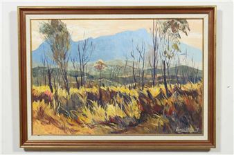 A landscape painting of a dry, grassy field with distant mountains under a pale sky.