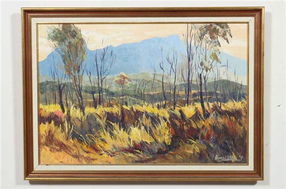 A landscape painting of a dry, grassy field with distant mountains under a pale sky.