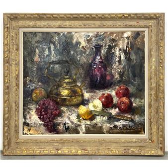 A still life painting featuring a golden teapot, grapes, apples, and a vase on a textured surface.