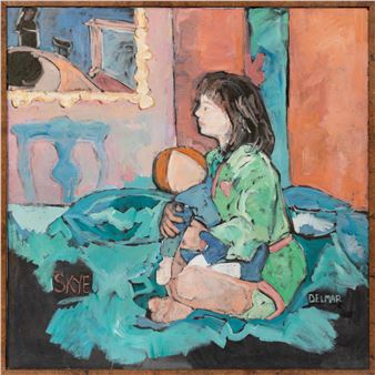 A child in a green robe sits on a bed holding a doll, gazing toward a mirror.